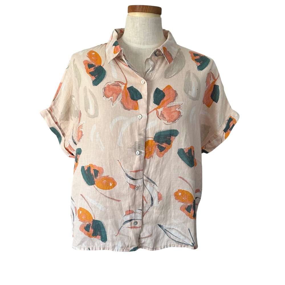 Rachel Zoe 100%‎ Linen Floral Print Button Up Shirt Size Medium Blouse Top Peach